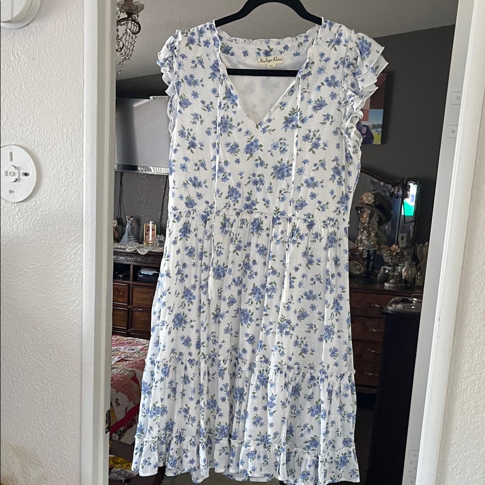 Sleeveless White Midi Dress with Blue Floral Print